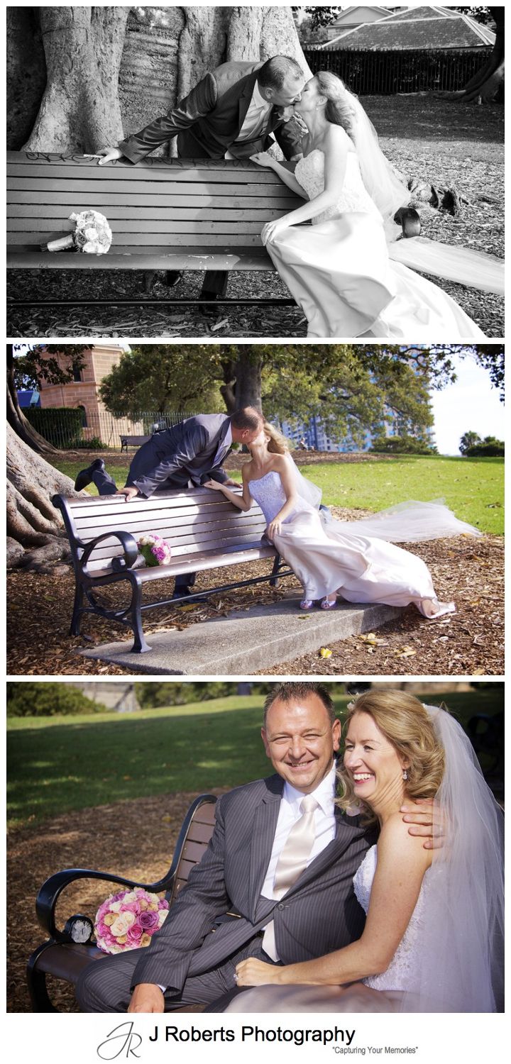 Couple kissing on park bench at Observatory Hill Sydney - wedding photography sydney